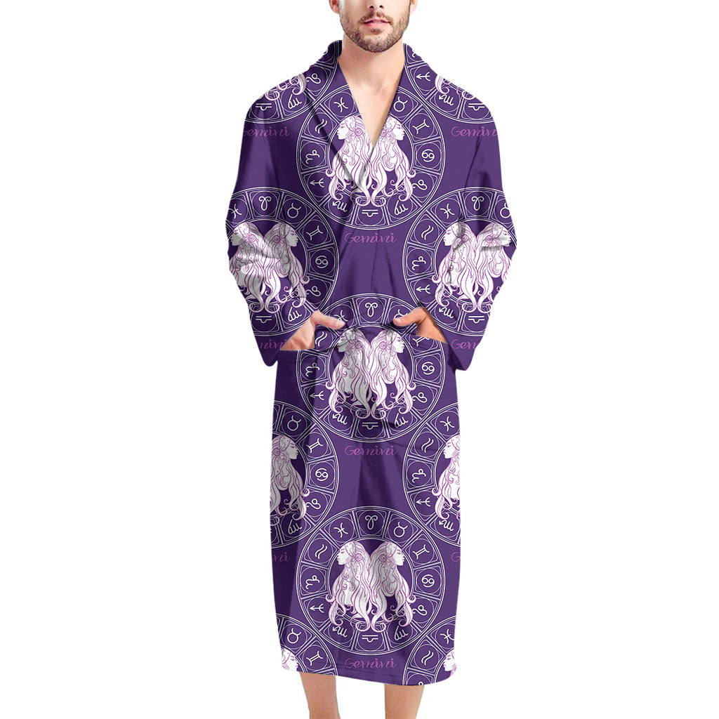 Purple Gemini Zodiac Pattern Print Men's Bathrobe