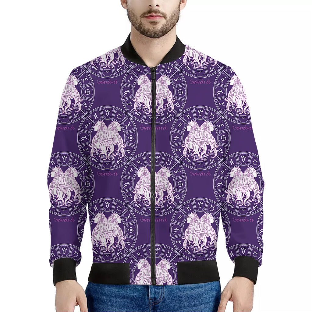 Purple Gemini Zodiac Pattern Print Men's Bomber Jacket