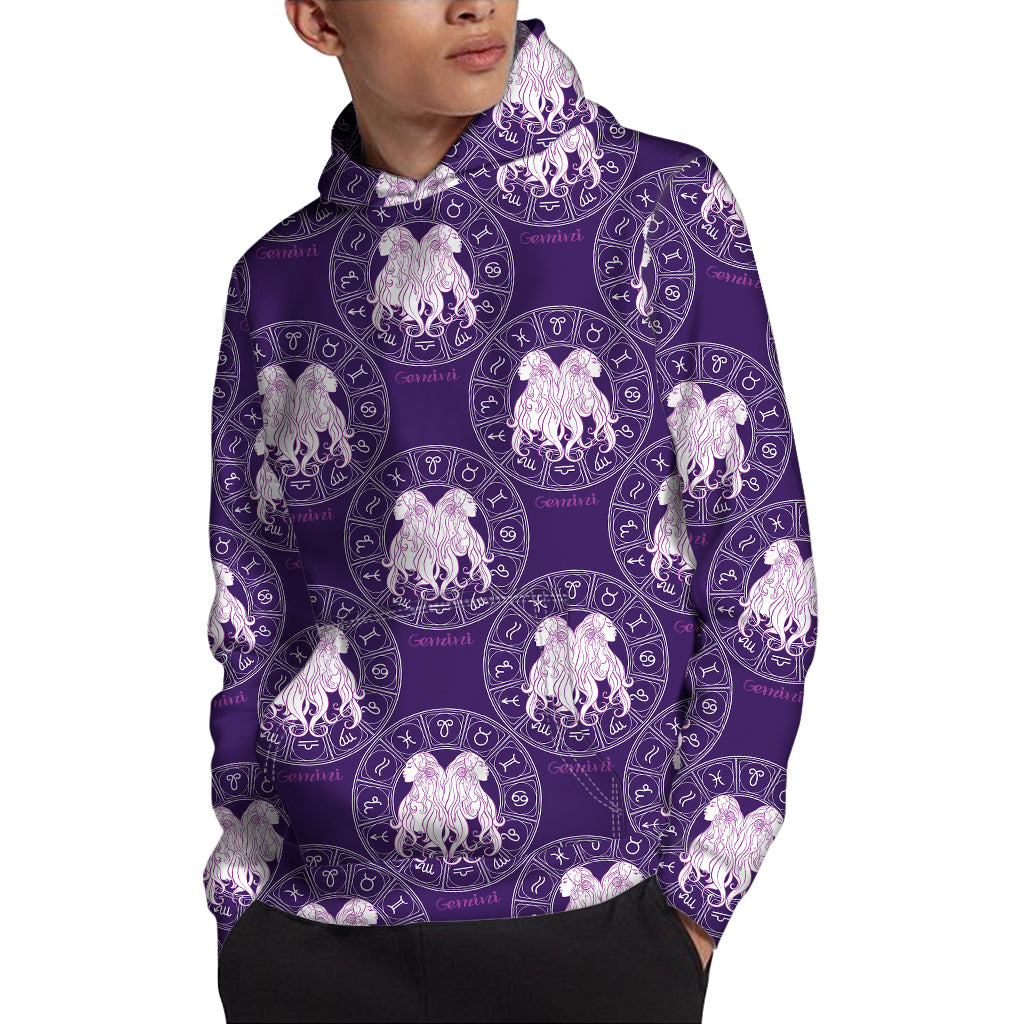 Purple Gemini Zodiac Pattern Print Pullover Hoodie