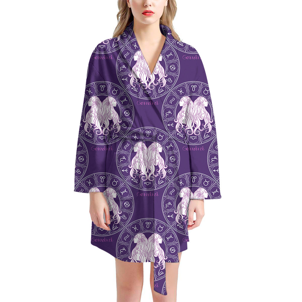 Purple Gemini Zodiac Pattern Print Women's Bathrobe