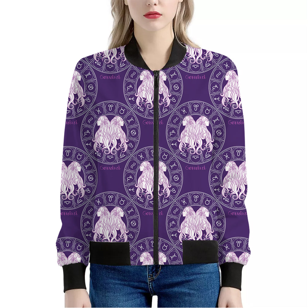 Purple Gemini Zodiac Pattern Print Women's Bomber Jacket