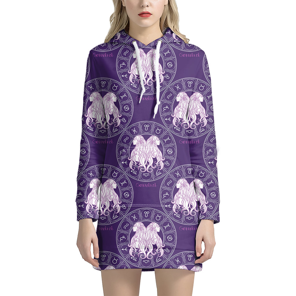 Purple Gemini Zodiac Pattern Print Women's Pullover Hoodie Dress