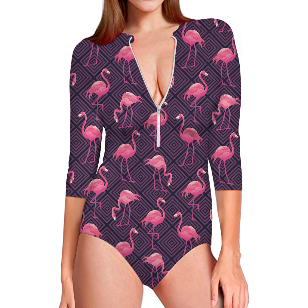 Purple Geometric Flamingo Pattern Print Long Sleeve One Piece Swimsuit