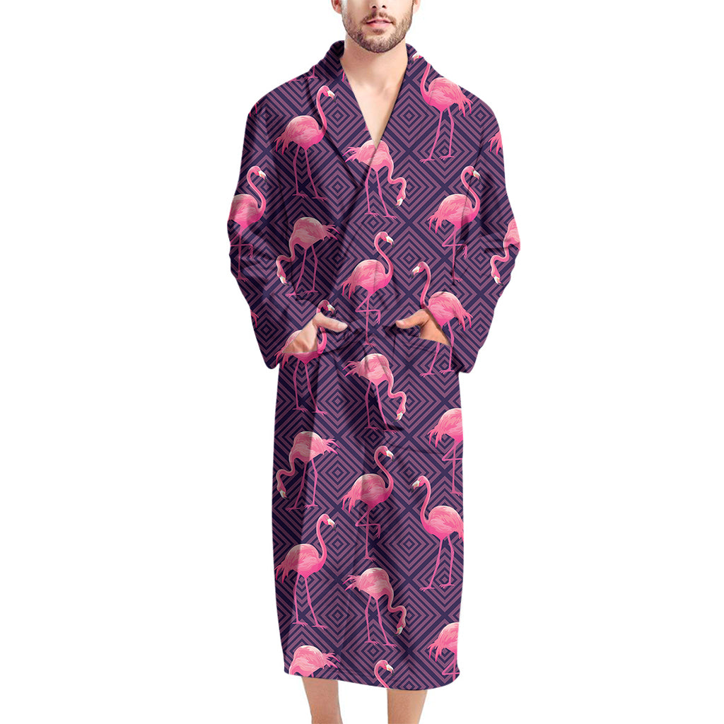 Purple Geometric Flamingo Pattern Print Men's Bathrobe