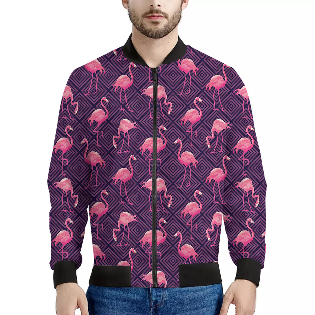 Purple Geometric Flamingo Pattern Print Men's Bomber Jacket