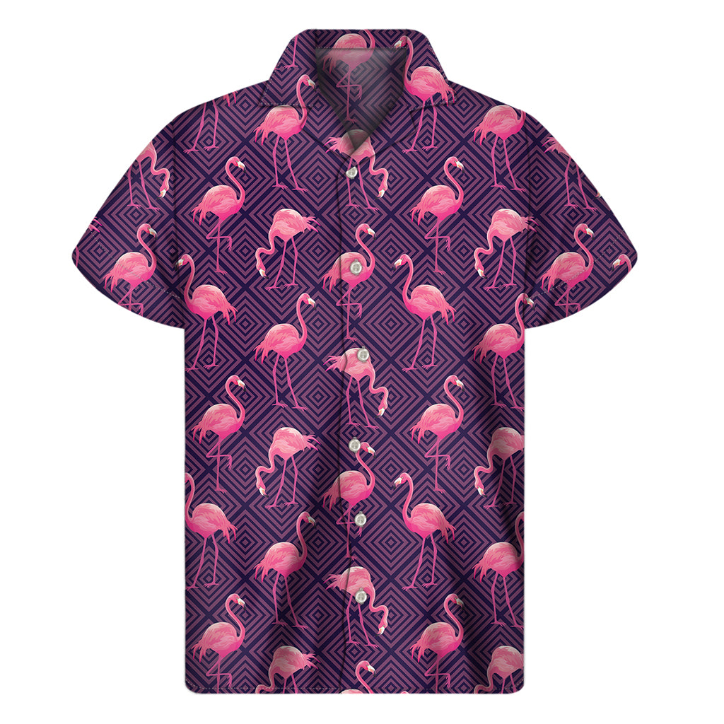 Purple Geometric Flamingo Pattern Print Men's Short Sleeve Shirt