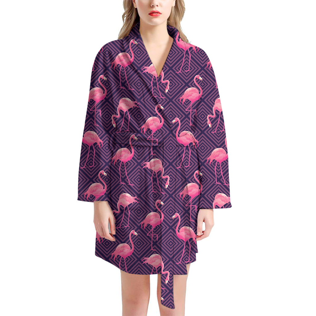 Purple Geometric Flamingo Pattern Print Women's Bathrobe