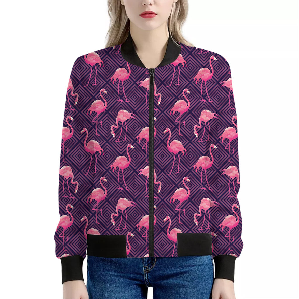 Purple Geometric Flamingo Pattern Print Women's Bomber Jacket