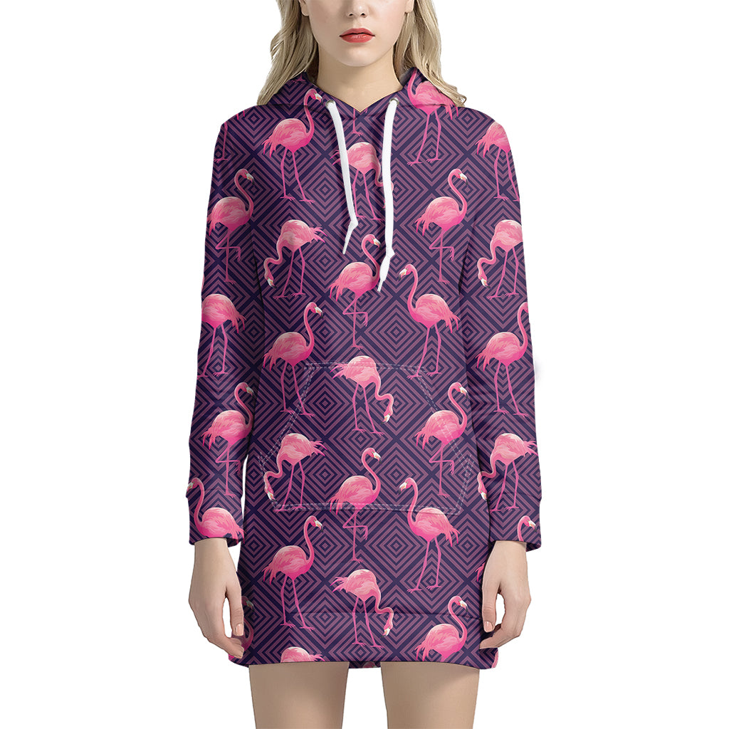 Purple Geometric Flamingo Pattern Print Women's Pullover Hoodie Dress