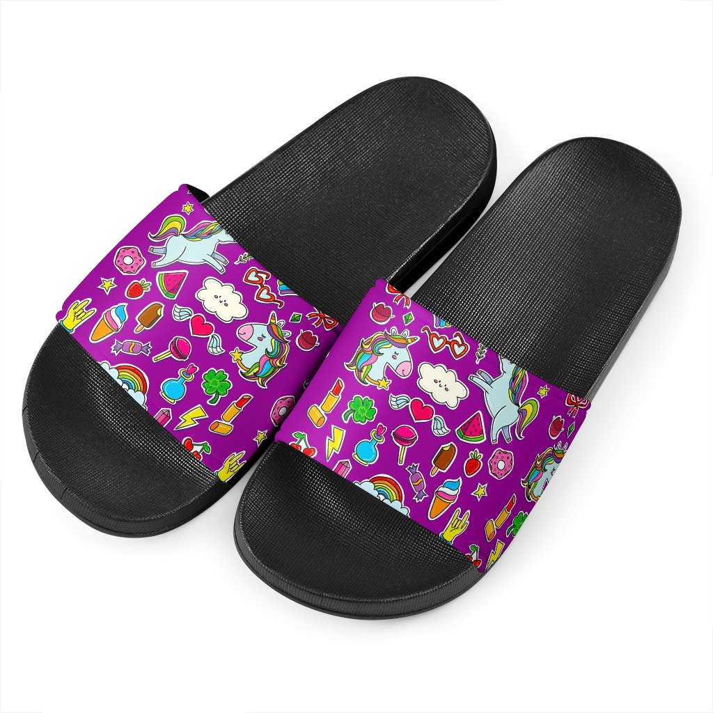 Purple Girly Unicorn Pattern Print Black Slide Sandals