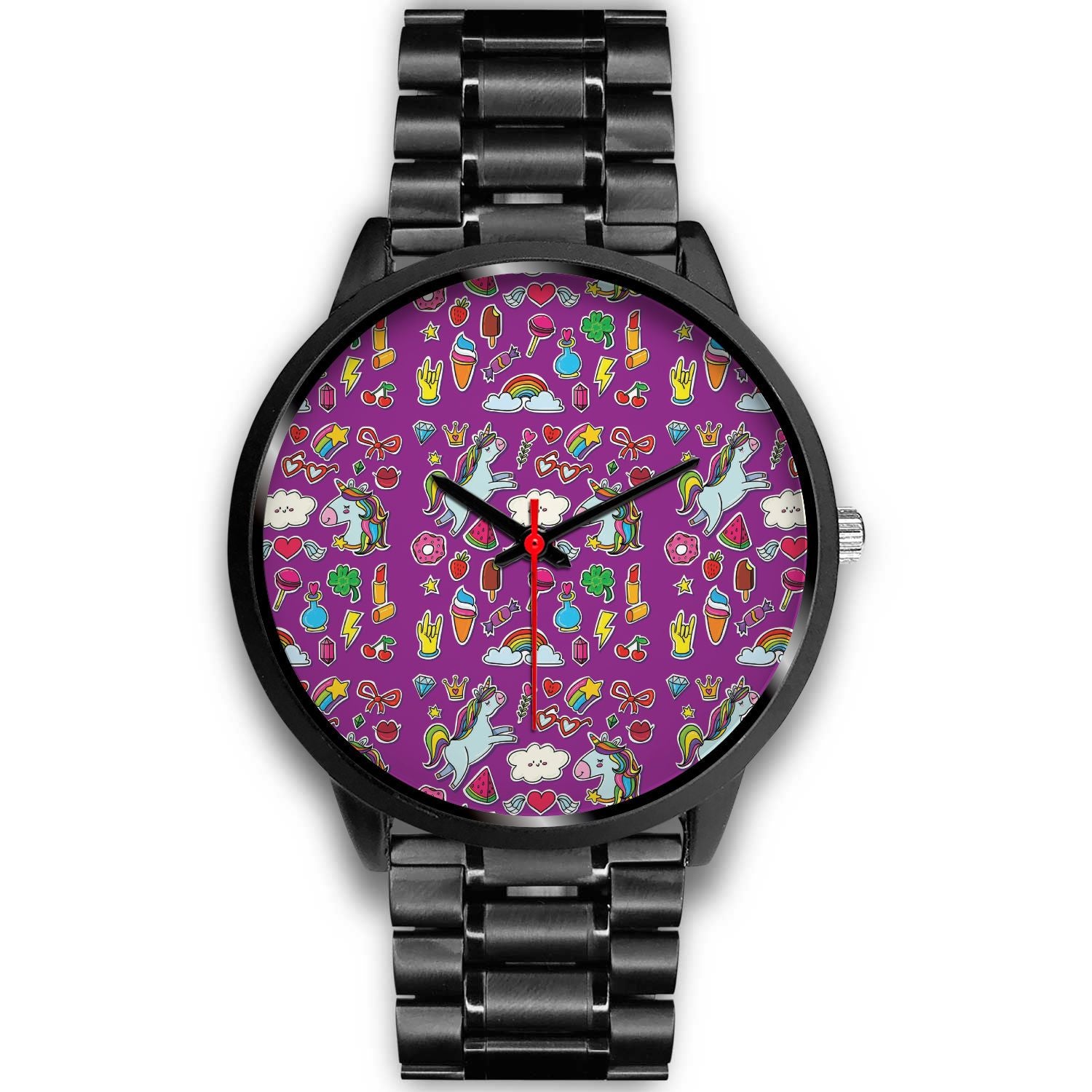 Purple Girly Unicorn Pattern Print Black Watch