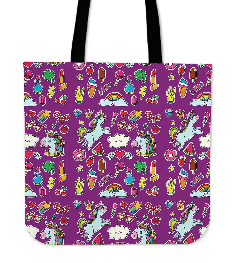 Purple Girly Unicorn Pattern Print Canvas Tote Bag