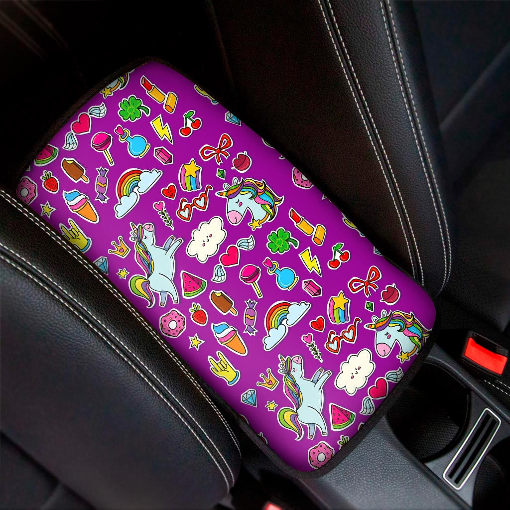 Purple Girly Unicorn Pattern Print Car Center Console Cover