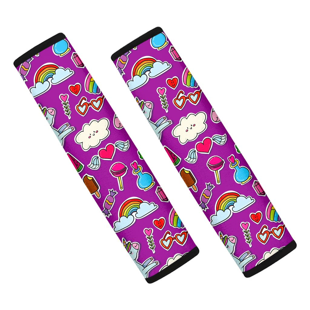 Purple Girly Unicorn Pattern Print Car Seat Belt Covers