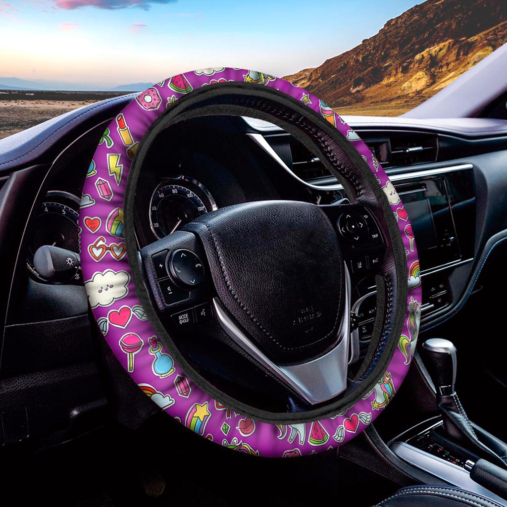 Purple Girly Unicorn Pattern Print Car Steering Wheel Cover