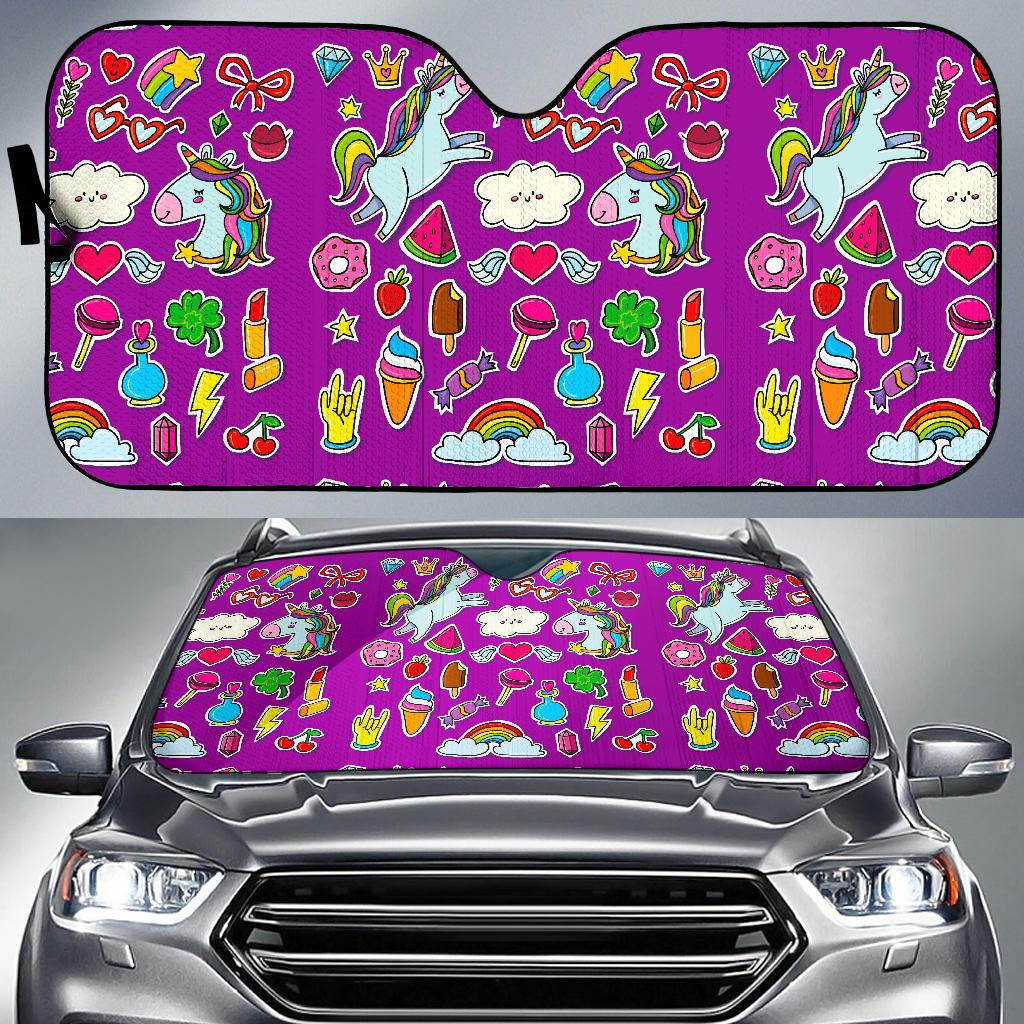 Purple Girly Unicorn Pattern Print Car Sun Shade