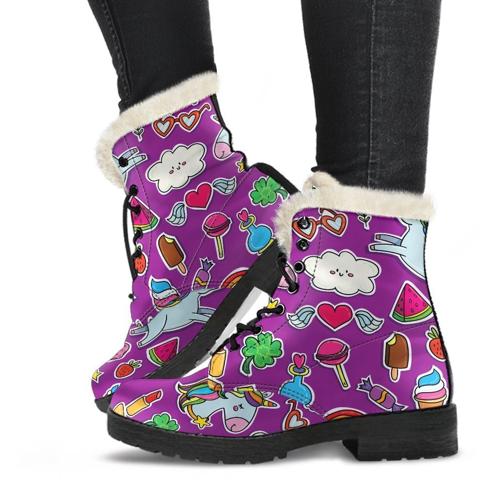 Purple Girly Unicorn Pattern Print Faux Fur Leather Boots