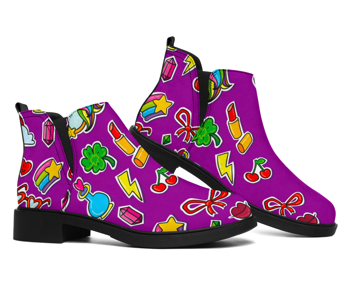 Purple Girly Unicorn Pattern Print Flat Ankle Boots