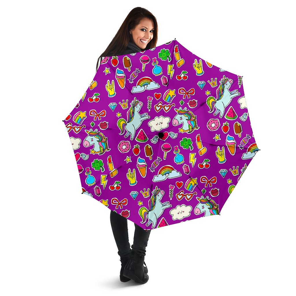 Purple Girly Unicorn Pattern Print Foldable Umbrella