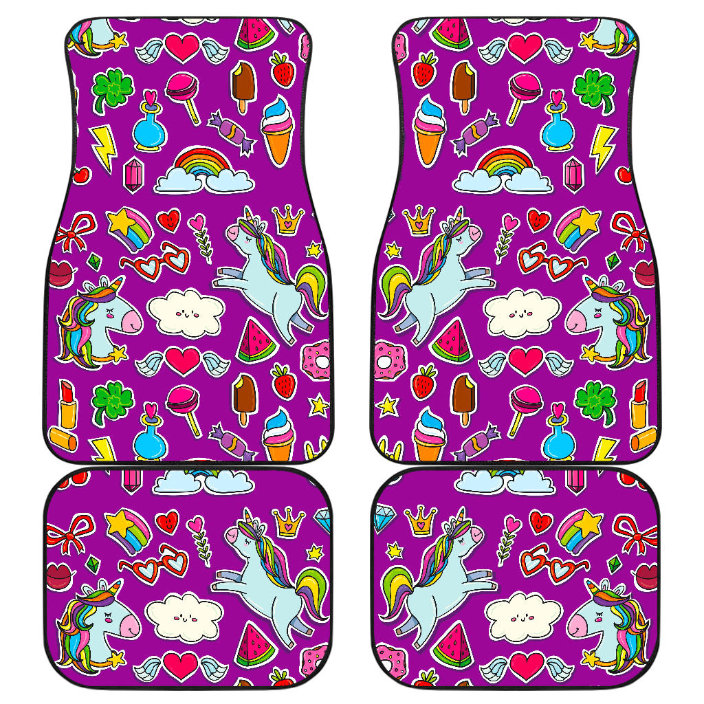 Purple Girly Unicorn Pattern Print Front and Back Car Floor Mats