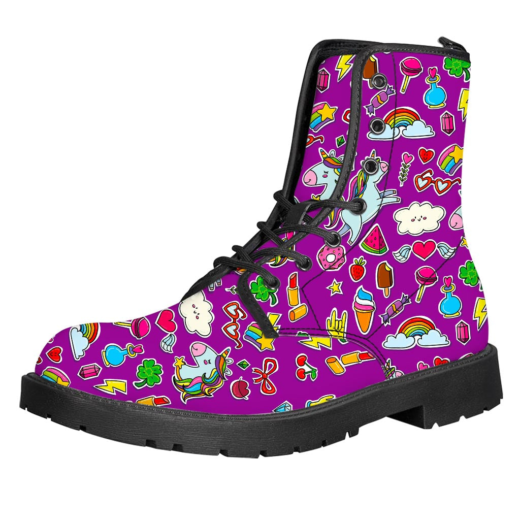 Purple Girly Unicorn Pattern Print Leather Boots