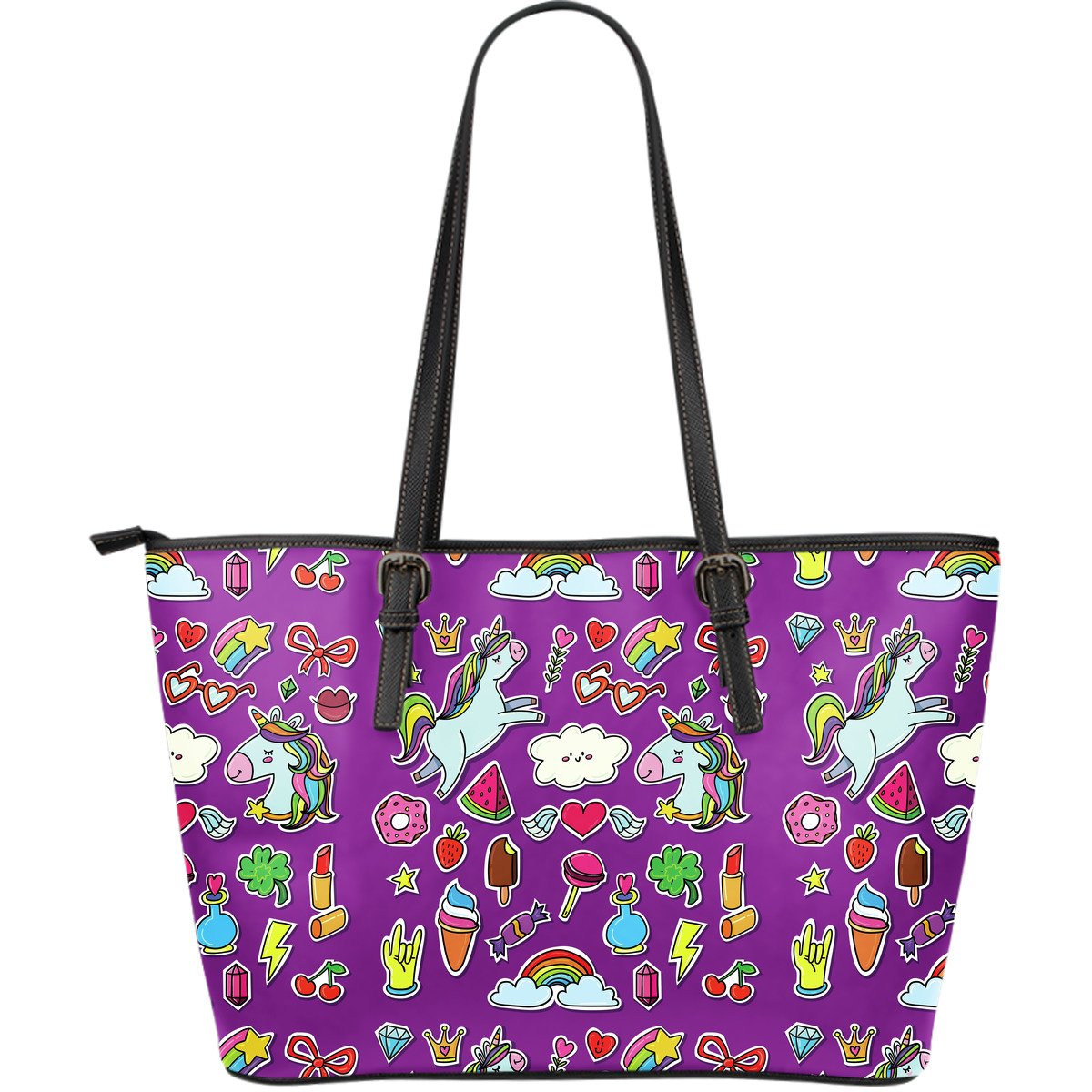 Purple Girly Unicorn Pattern Print Leather Tote Bag