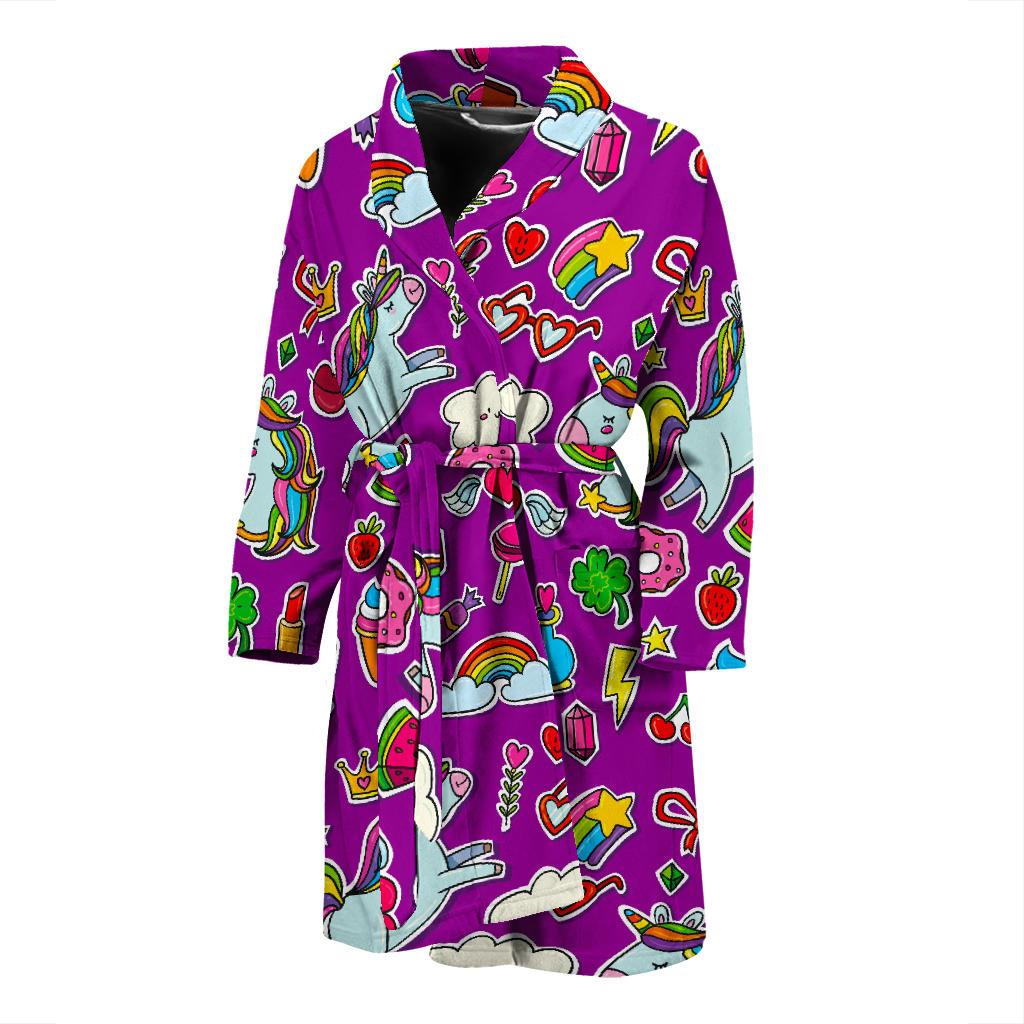 Purple Girly Unicorn Pattern Print Men's Bathrobe