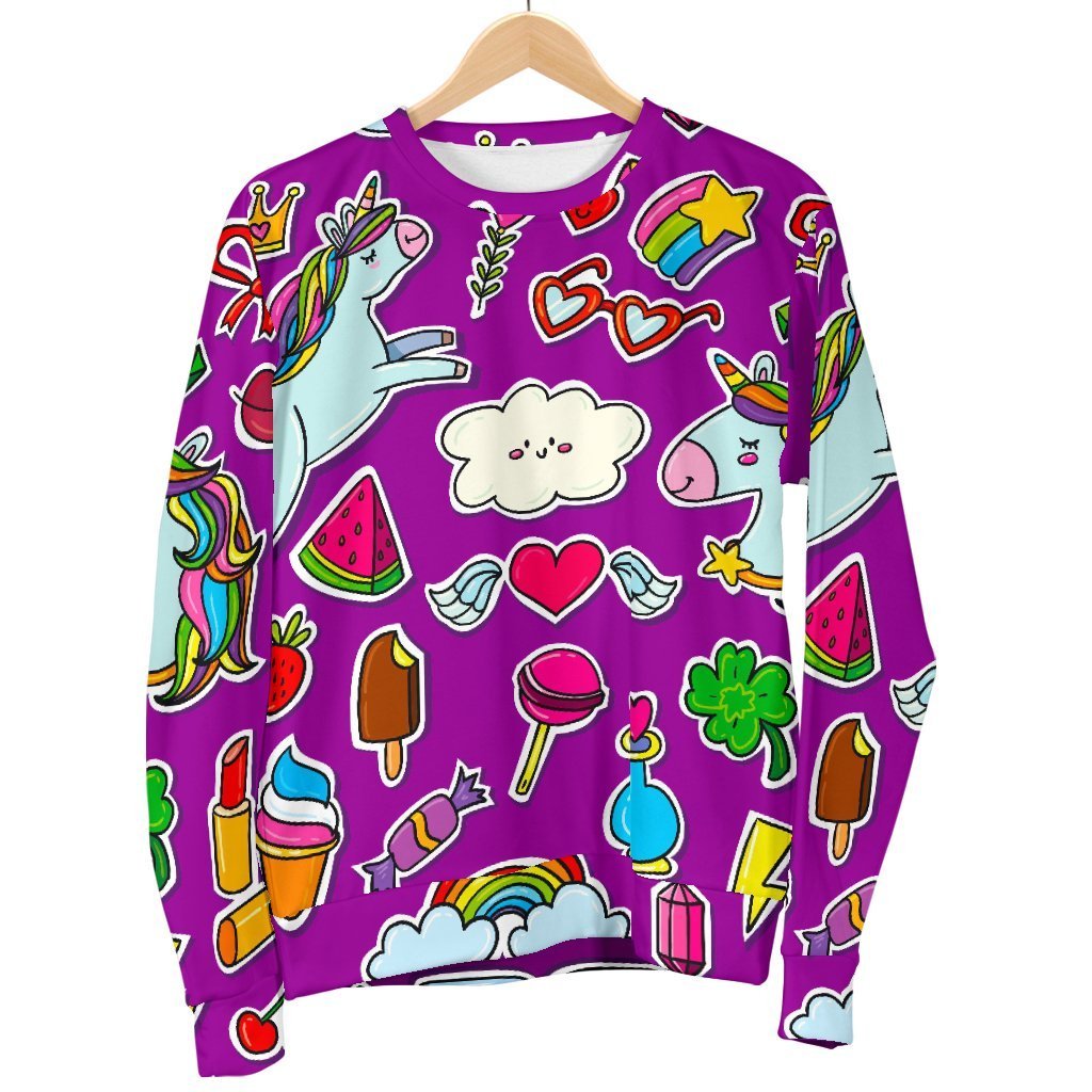 Purple Girly Unicorn Pattern Print Men's Crewneck Sweatshirt