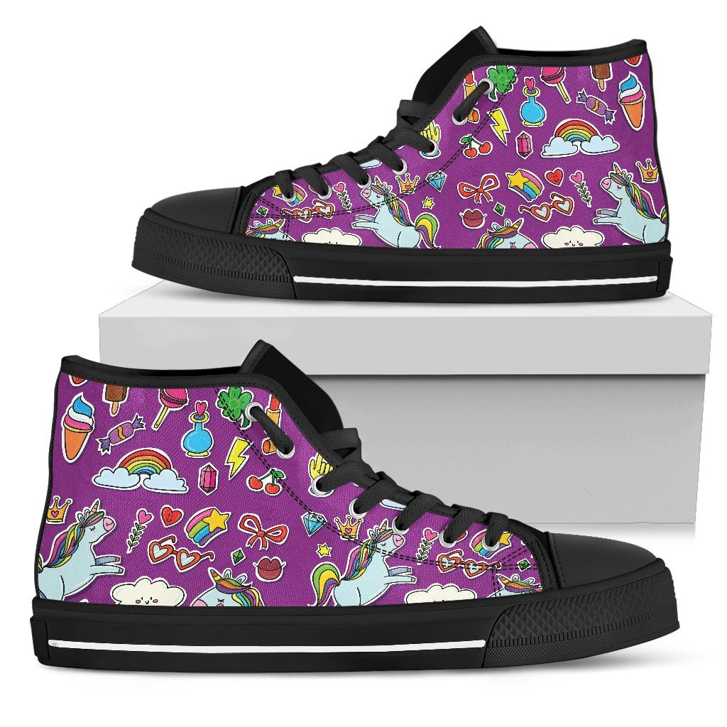 Purple Girly Unicorn Pattern Print Men's High Top Shoes