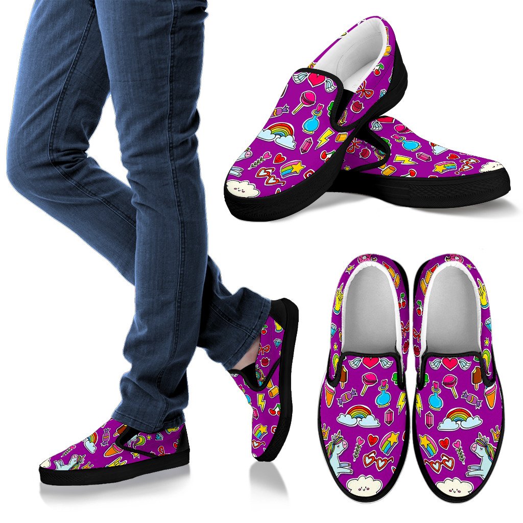 Purple Girly Unicorn Pattern Print Men's Slip On Shoes