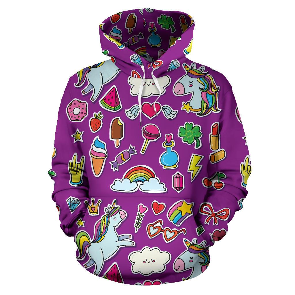 Purple Girly Unicorn Pattern Print Pullover Hoodie