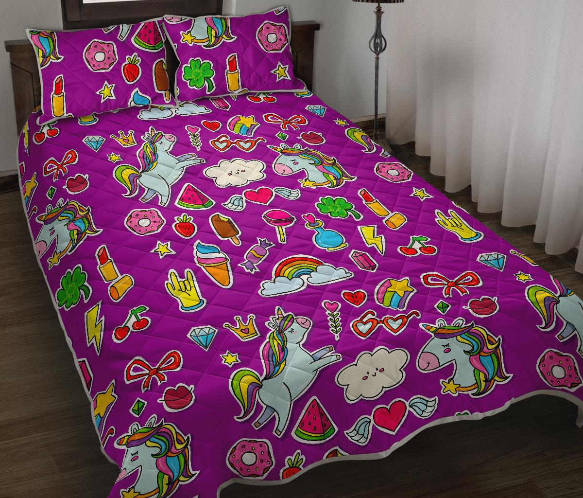 Purple Girly Unicorn Pattern Print Quilt Bed Set