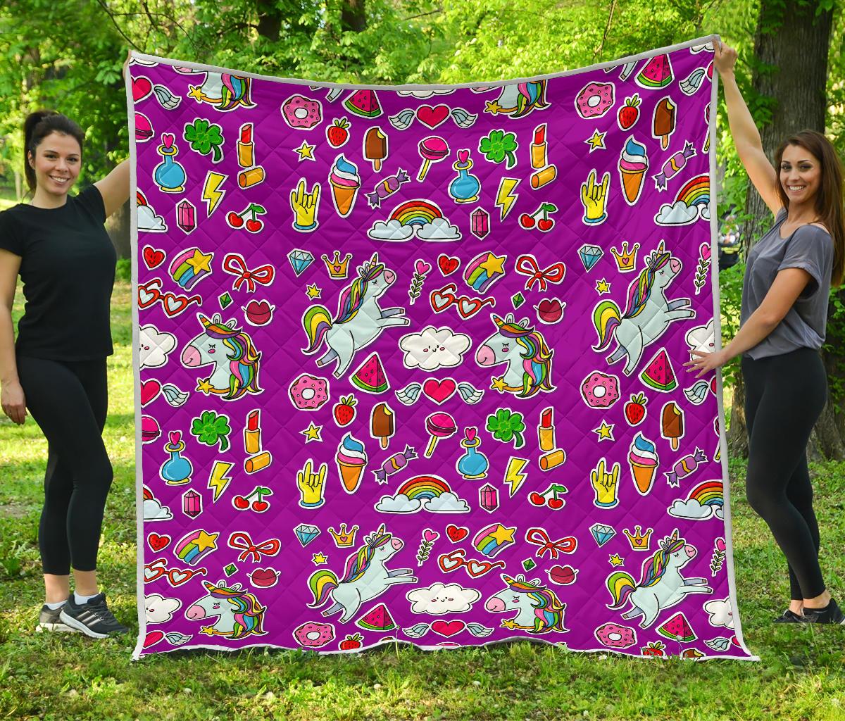 Purple Girly Unicorn Pattern Print Quilt