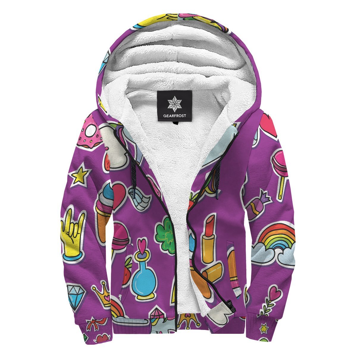 Purple Girly Unicorn Pattern Print Sherpa Lined Fleece Hoodie