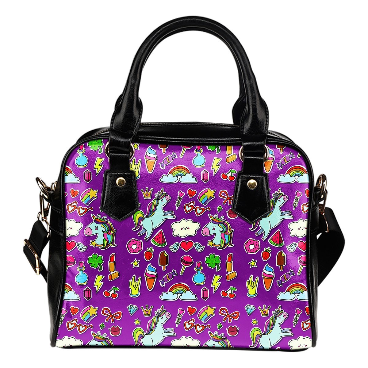 Purple Girly Unicorn Pattern Print Shoulder Handbag