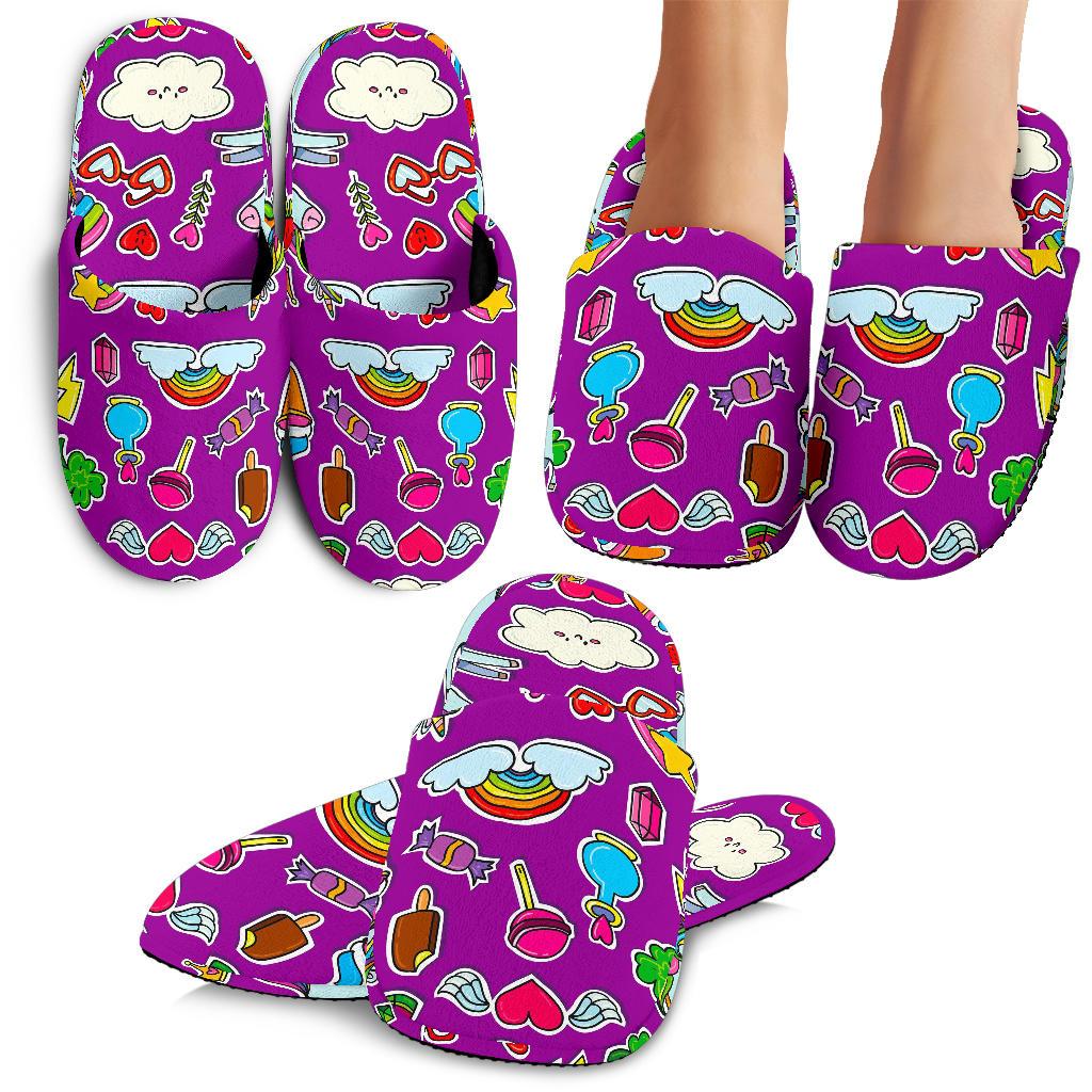 Purple Girly Unicorn Pattern Print Slippers