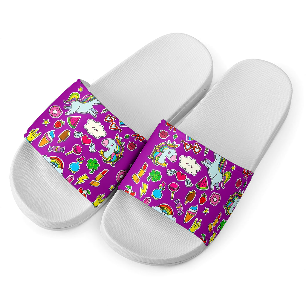 Purple Girly Unicorn Pattern Print White Slide Sandals