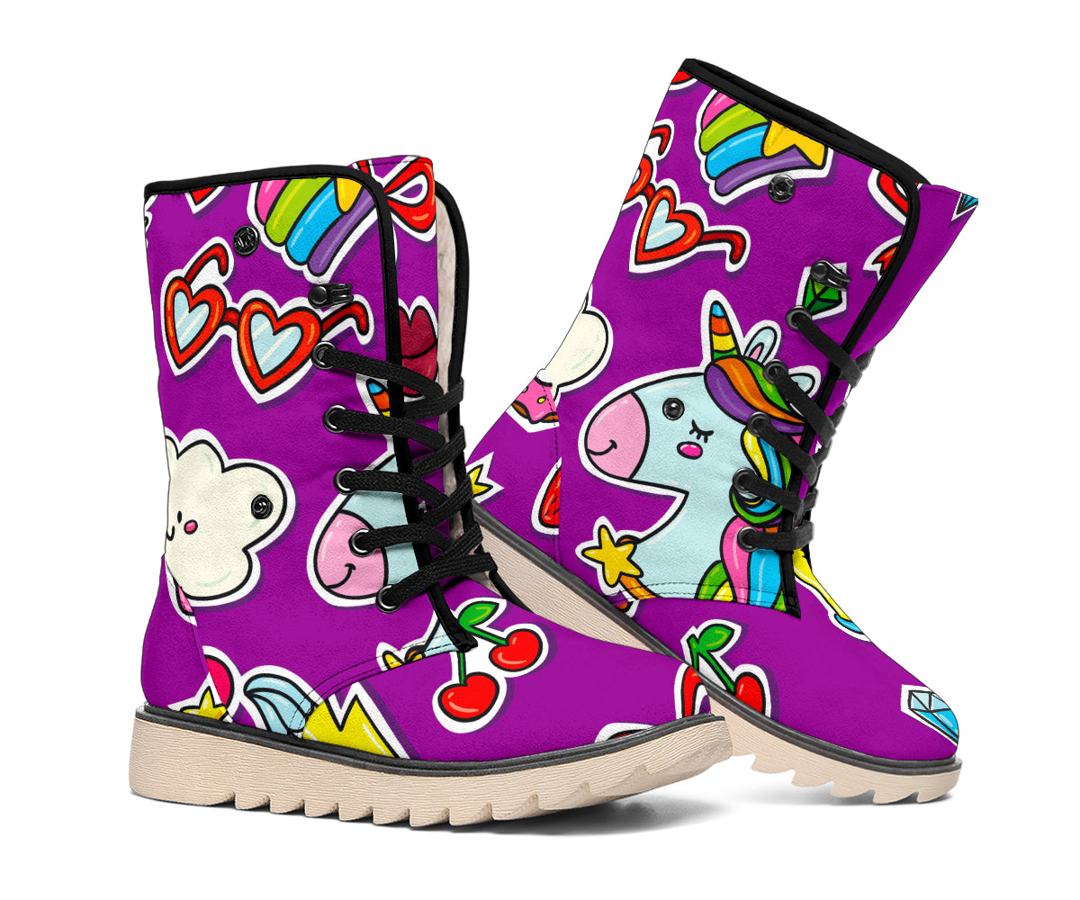 Purple Girly Unicorn Pattern Print Winter Boots