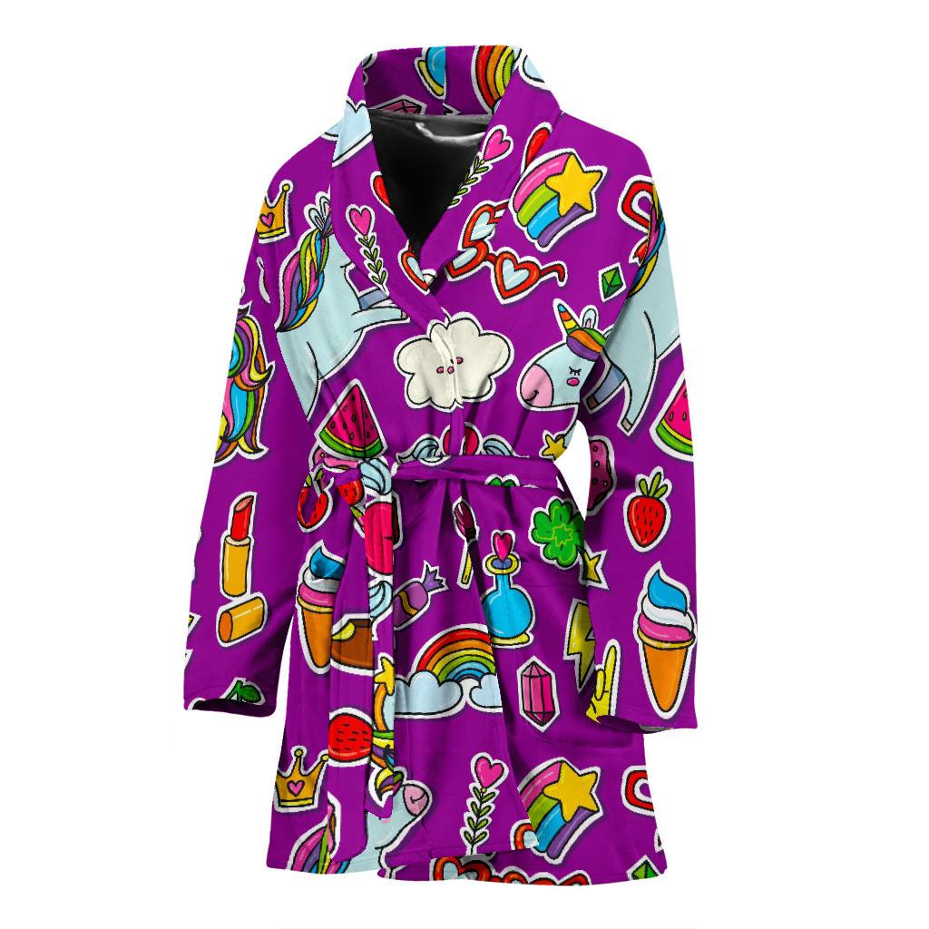 Purple Girly Unicorn Pattern Print Women's Bathrobe