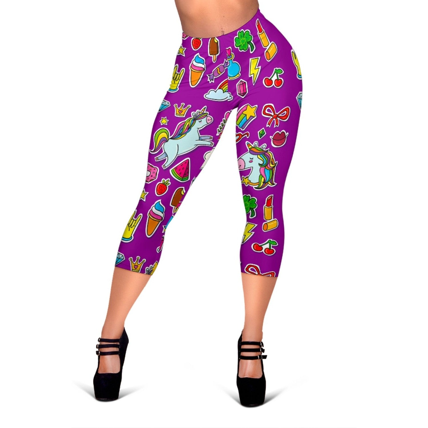 Purple Girly Unicorn Pattern Print Women's Capri Leggings