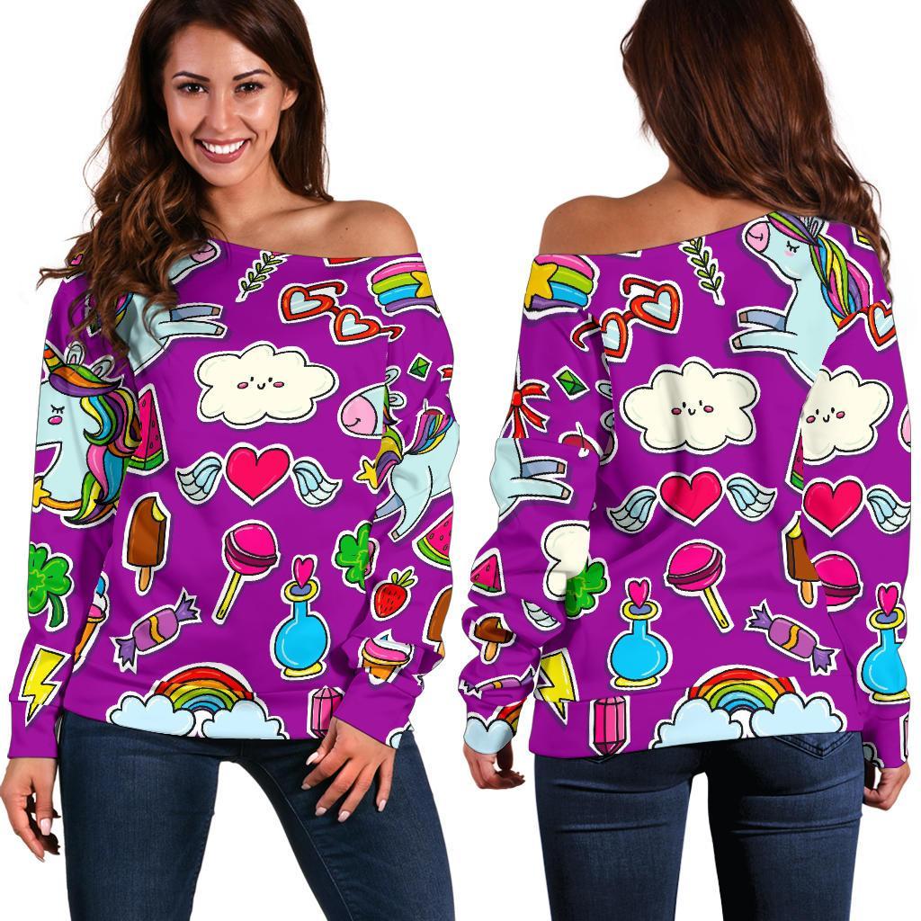 Purple Girly Unicorn Pattern Print Women's Off-Shoulder Sweatshirt