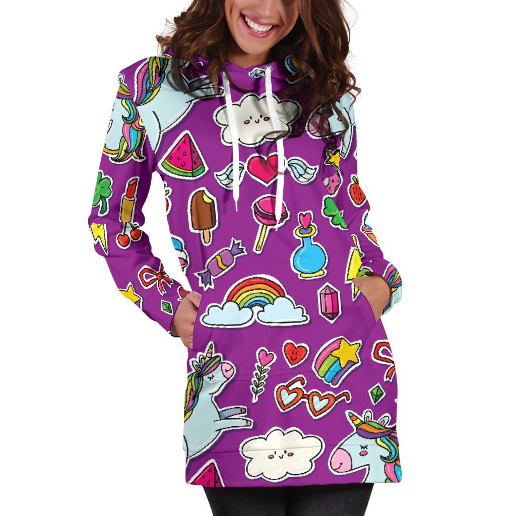 Purple Girly Unicorn Pattern Print Women's Pullover Hoodie Dress