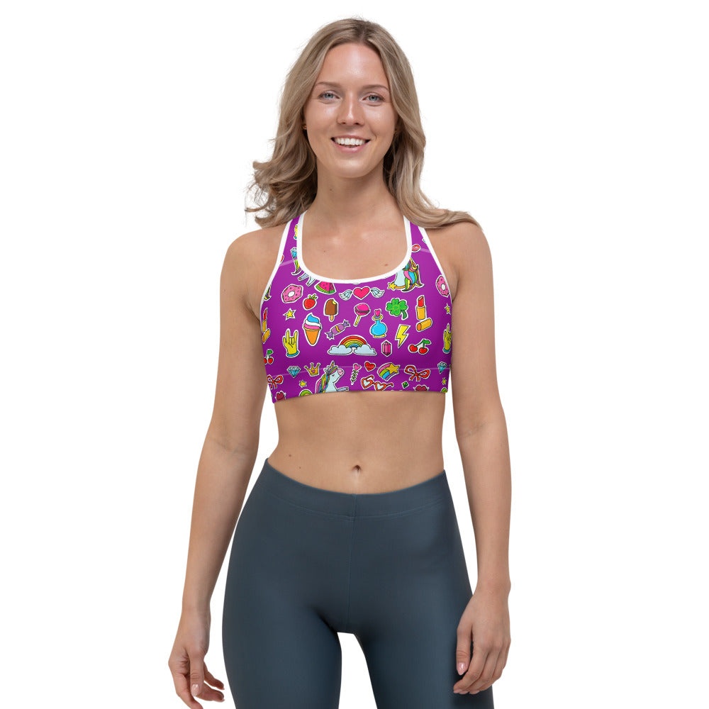 Purple Girly Unicorn Pattern Print Women's Sports Bra