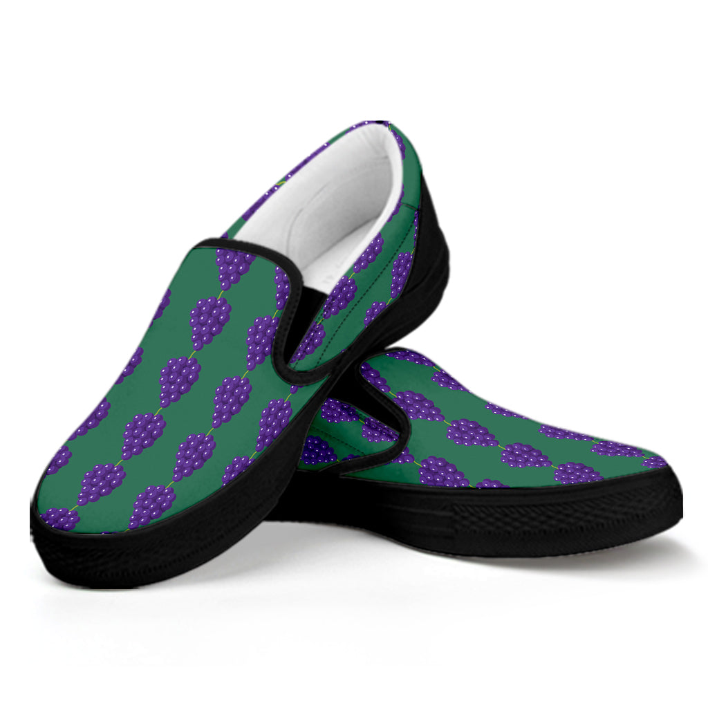 Purple Grape Pattern Print Black Slip On Shoes