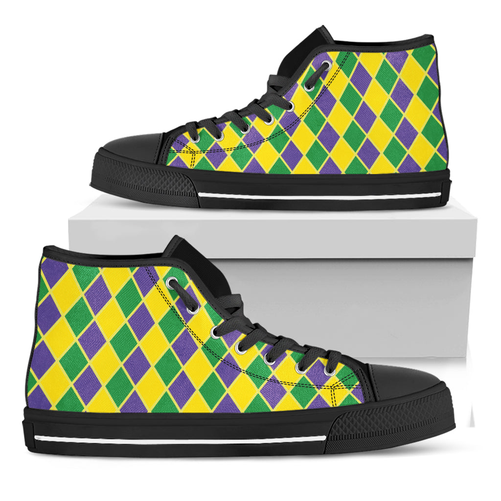 Purple Green And Yellow Mardi Gras Print Black High Top Shoes