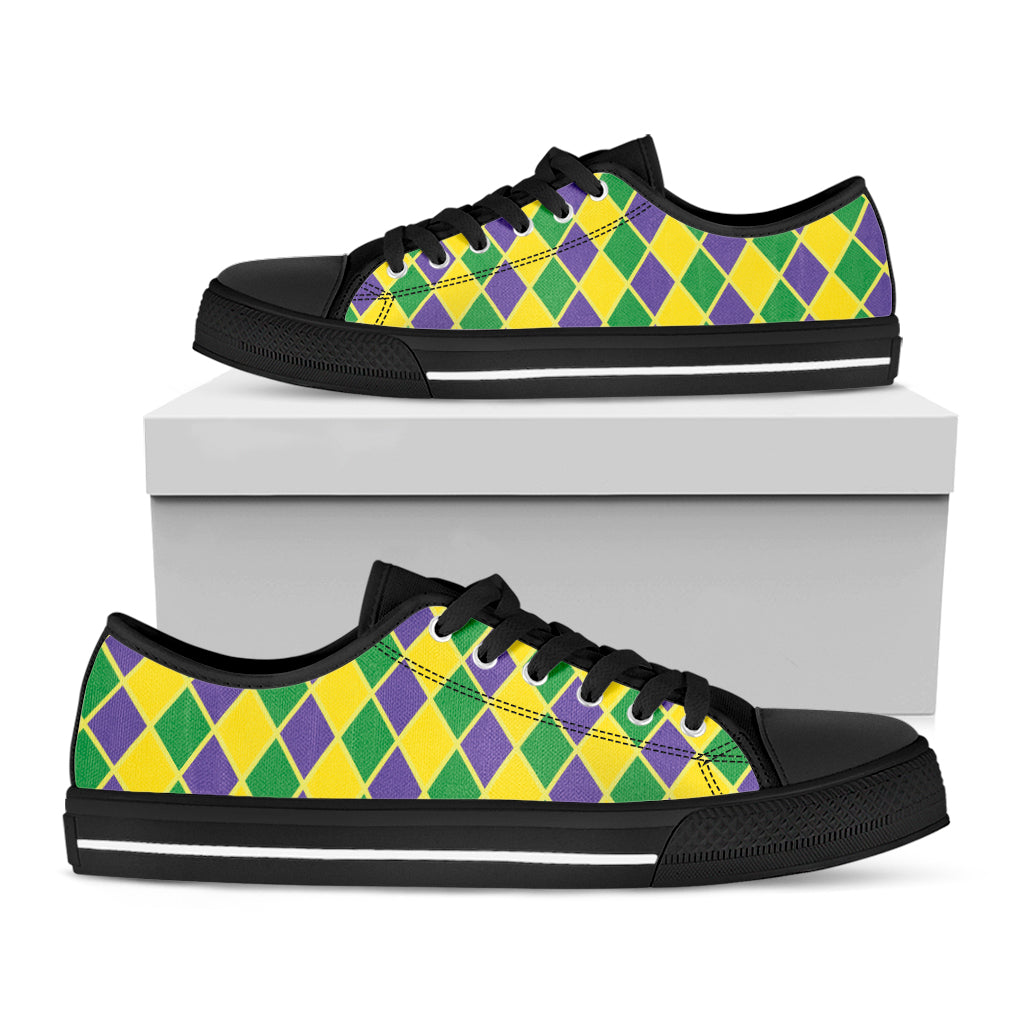 Purple Green And Yellow Mardi Gras Print Black Low Top Shoes