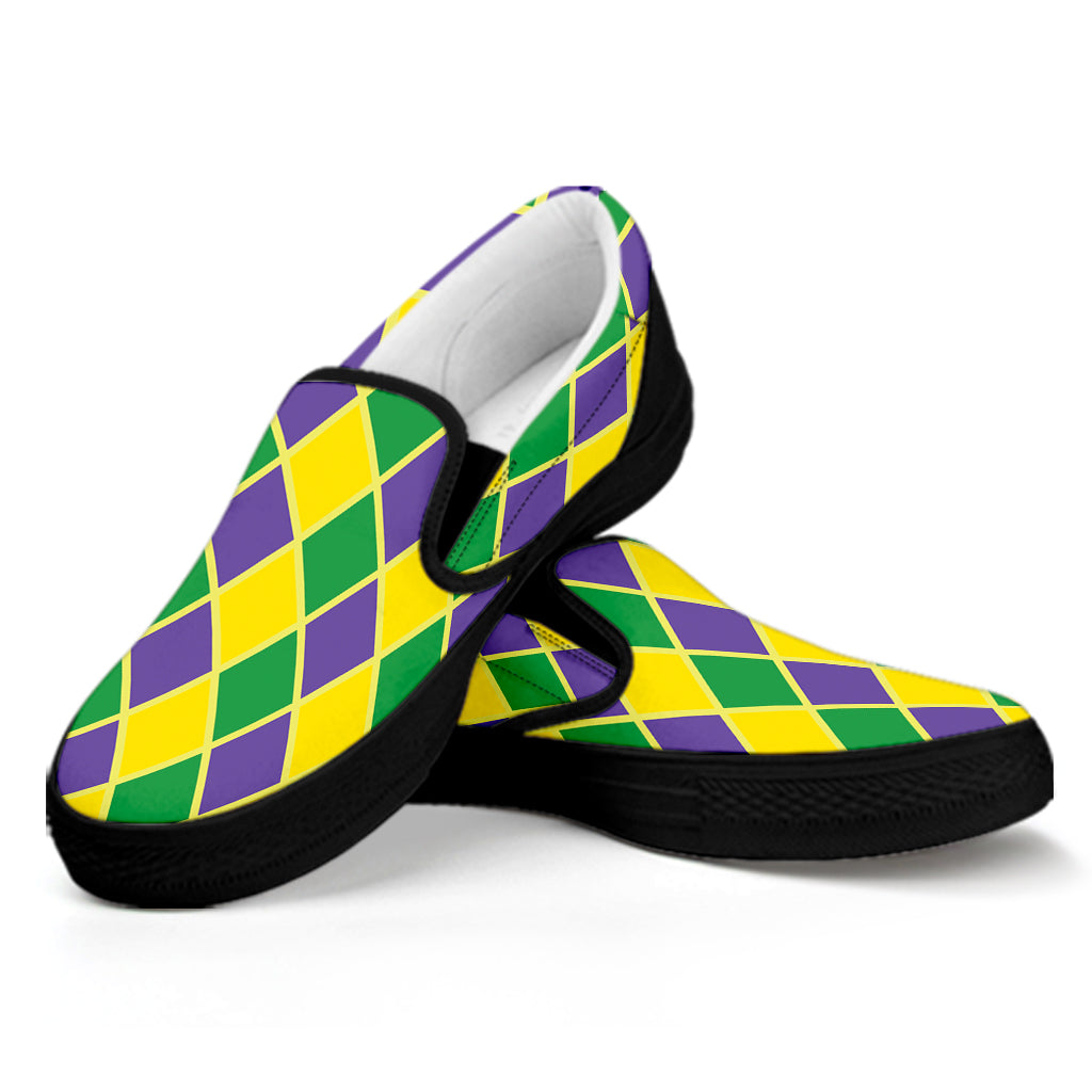 Purple Green And Yellow Mardi Gras Print Black Slip On Shoes