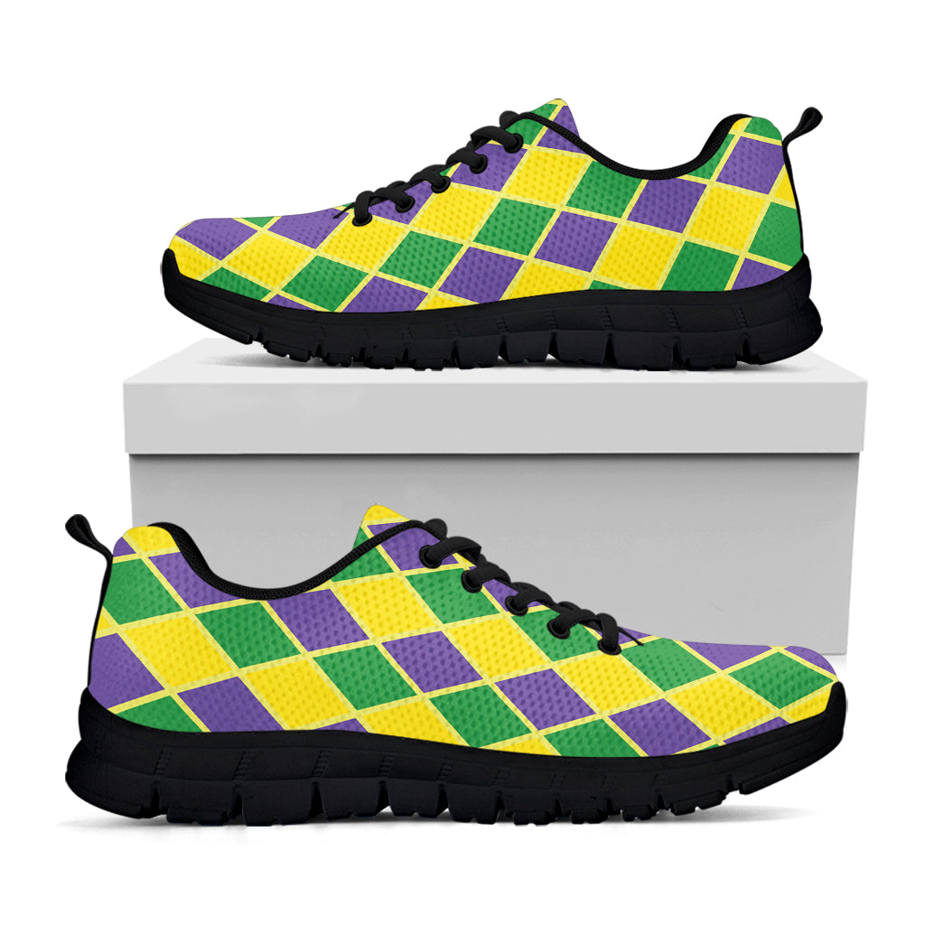 Purple Green And Yellow Mardi Gras Print Black Sneakers