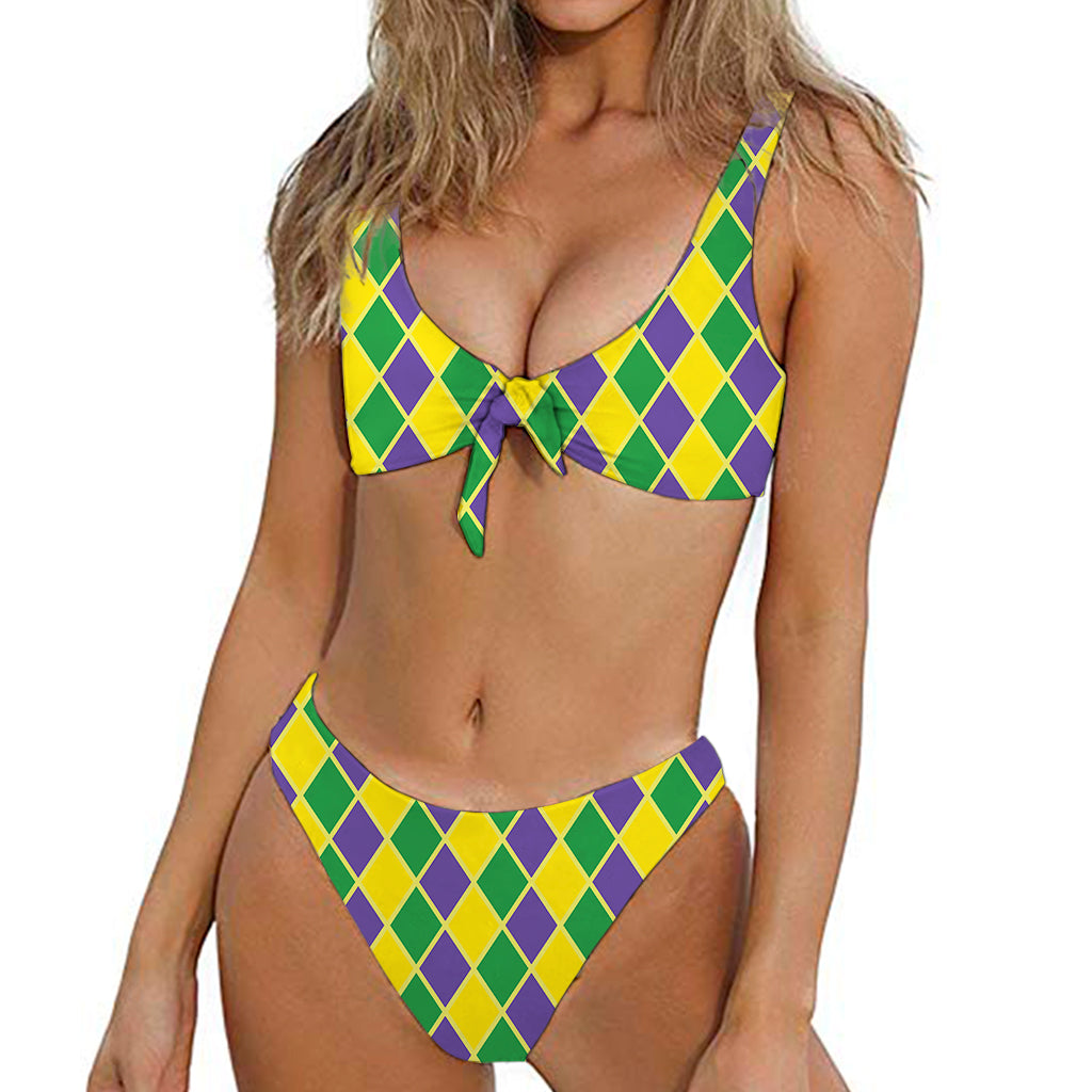 Purple Green And Yellow Mardi Gras Print Front Bow Tie Bikini