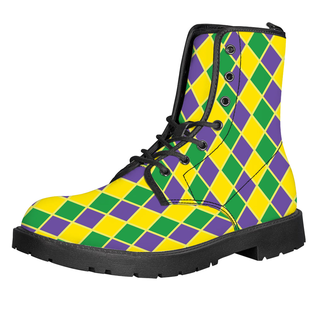 Purple Green And Yellow Mardi Gras Print Leather Boots